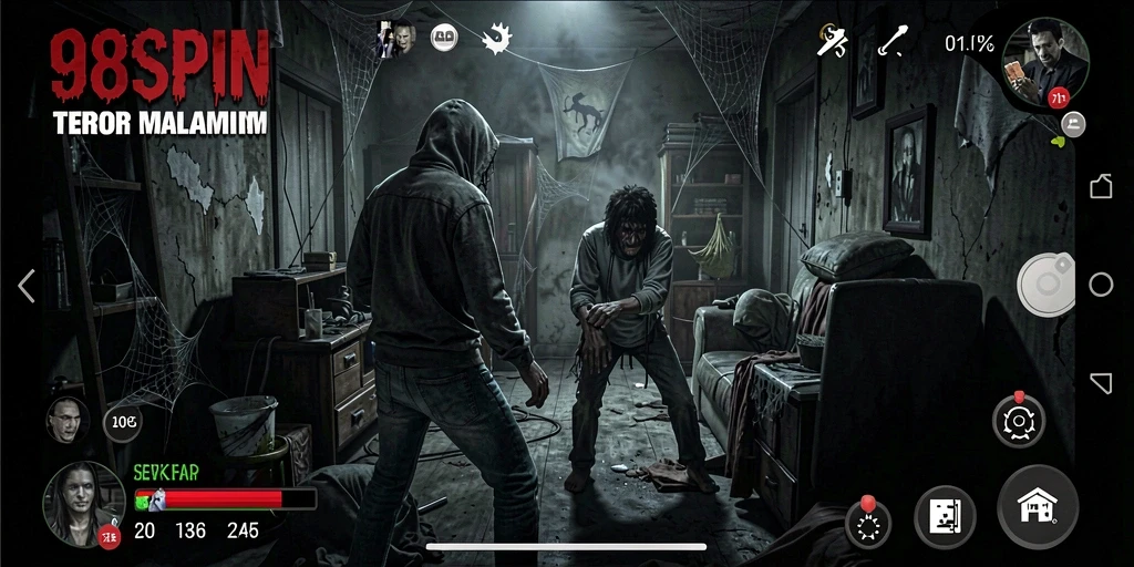 Tampilan gameplay menegangkan 98SPIN di lingkungan horor yang mencekam.