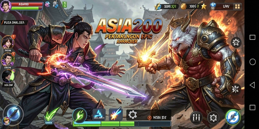 Screenshot utama ASIA200 menampilkan aksi pertarungan yang seru dan intens.
