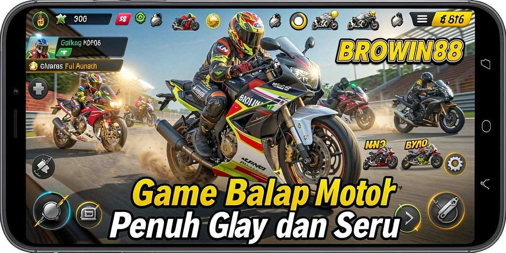 Tampilan gameplay seru dalam BROWIN88 dengan balapan motor yang mendebarkan.
