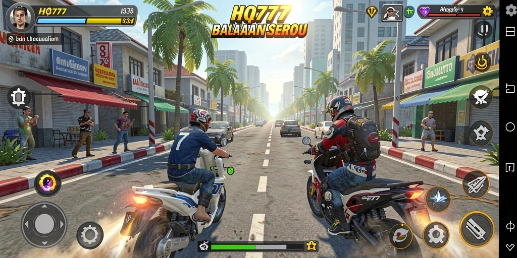 Tampilan gameplay HQ777 dengan balapan yang intens dan mobil yang cepat.