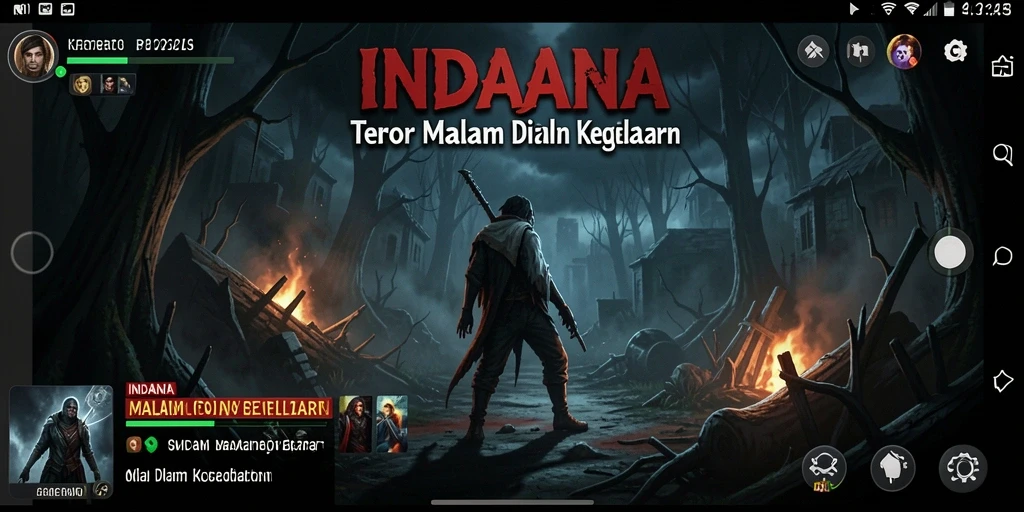 Screenshot gameplay INDAAA menunjukkan suasana mencekam di lingkungan yang gelap.