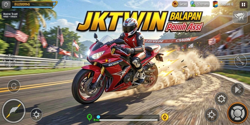 Screenshot gameplay JKTWIN menampilkan aksi balapan motor yang mendebarkan.