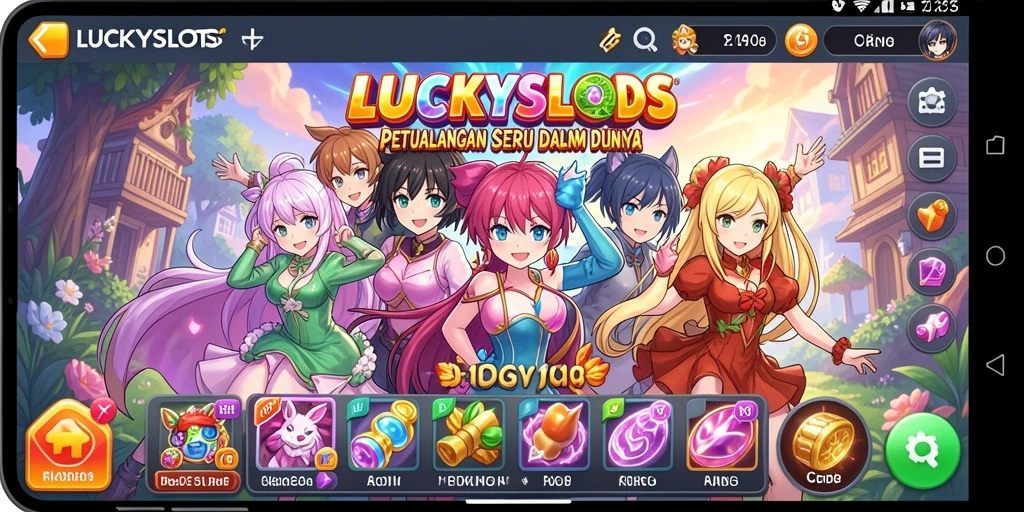 Gambaran gameplay seru LUCKYSLOTS dengan karakter anime.
