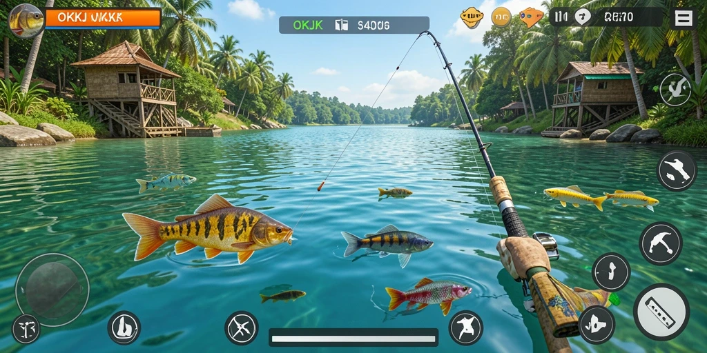 Tampilan gameplay meriah dalam permainan memancing OKJK.