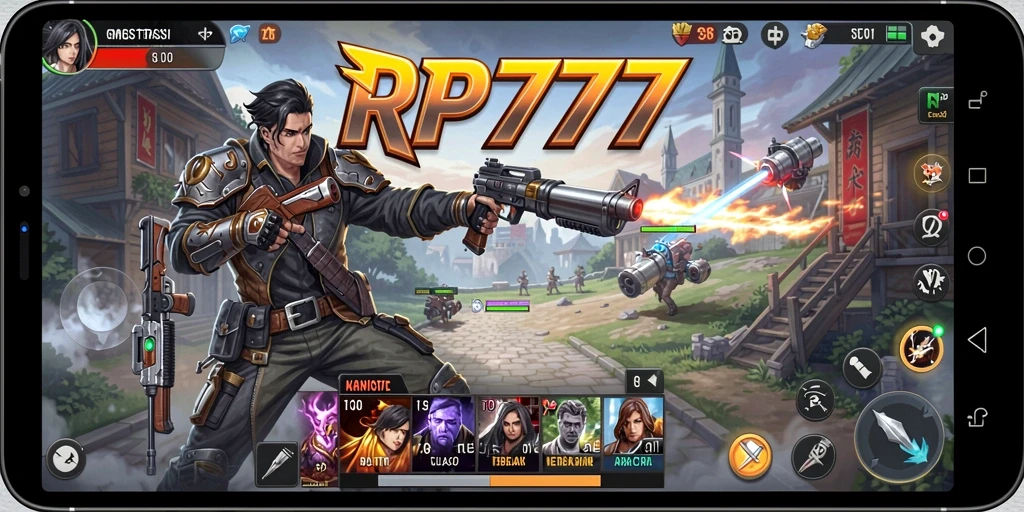 Screenshot utama RP777 menampilkan strategi pertempuran yang intens.
