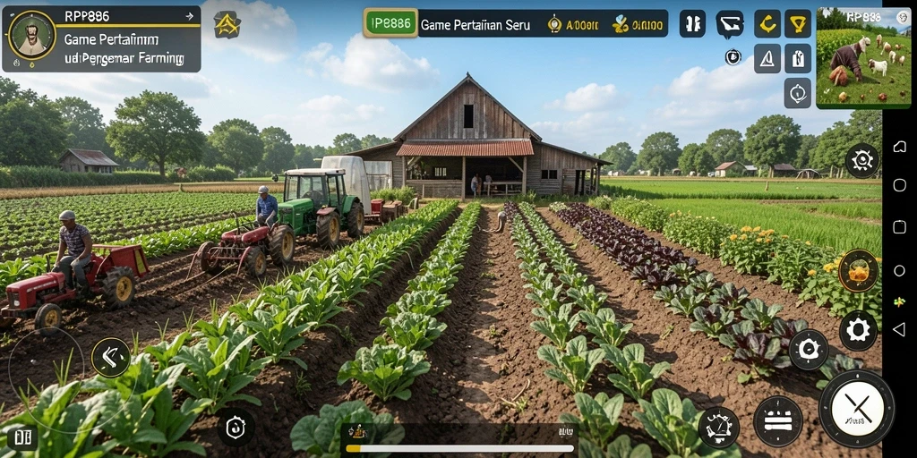 Screenshot gameplay seru di RP886 dengan berbagai aktivitas pertanian.