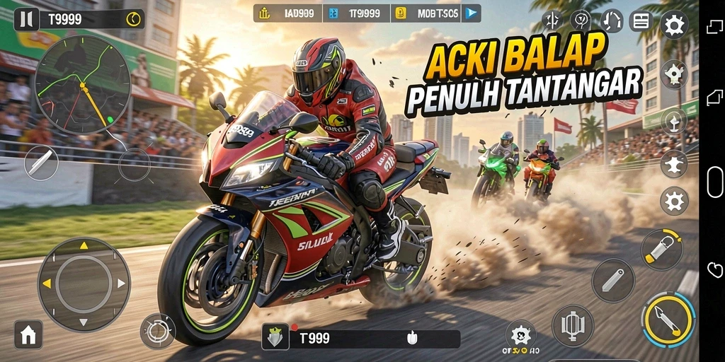 Screenshot gameplay T9999 menampilkan aksi balap motor yang mendebarkan.