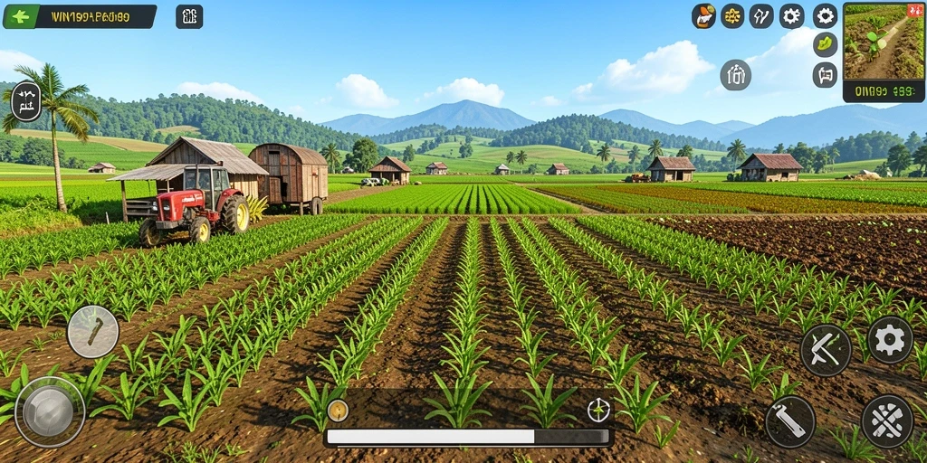 Screenshot gameplay WIN199 menampilkan suasana pertanian yang hidup.